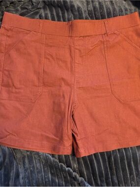 Rust Terracotta High-Waist Pull-On Shorts – Utility Patch Pockets, Size XL